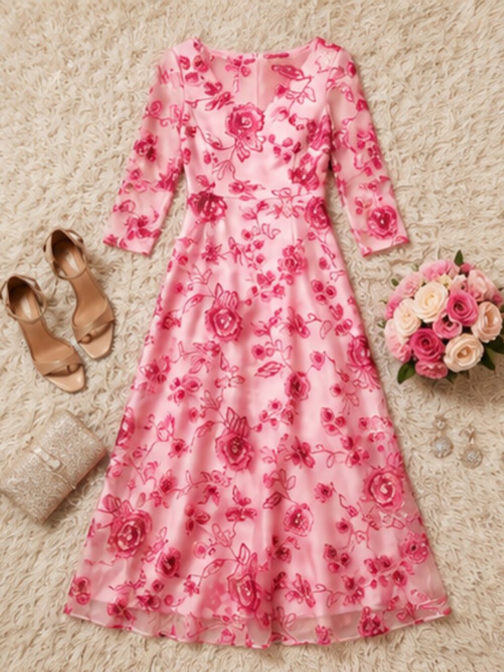 JS Collections Nadine Rose Magenta Embroidered Midi Dress Size 6 NWT